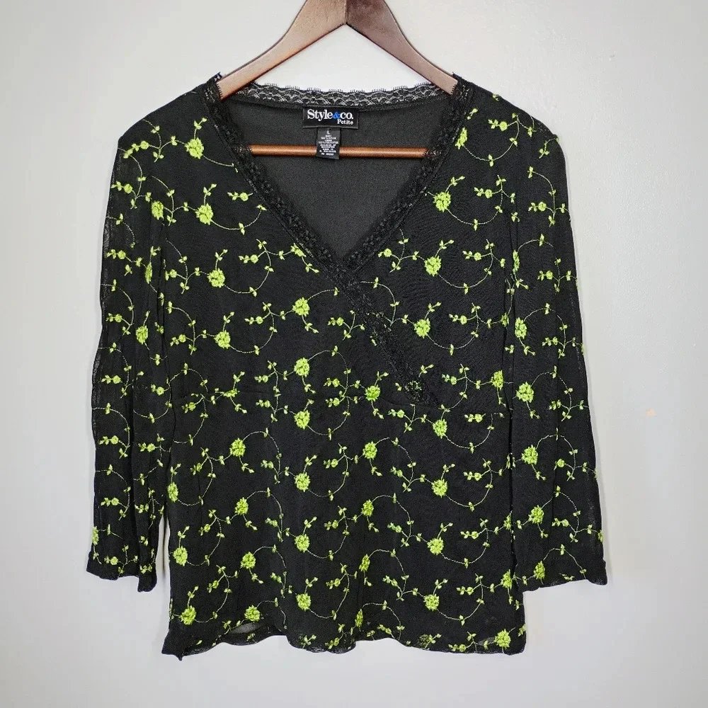Style & Co Y2K Sheer Sleeve Babydoll Floral Embroidered‎ Top Black Size Large